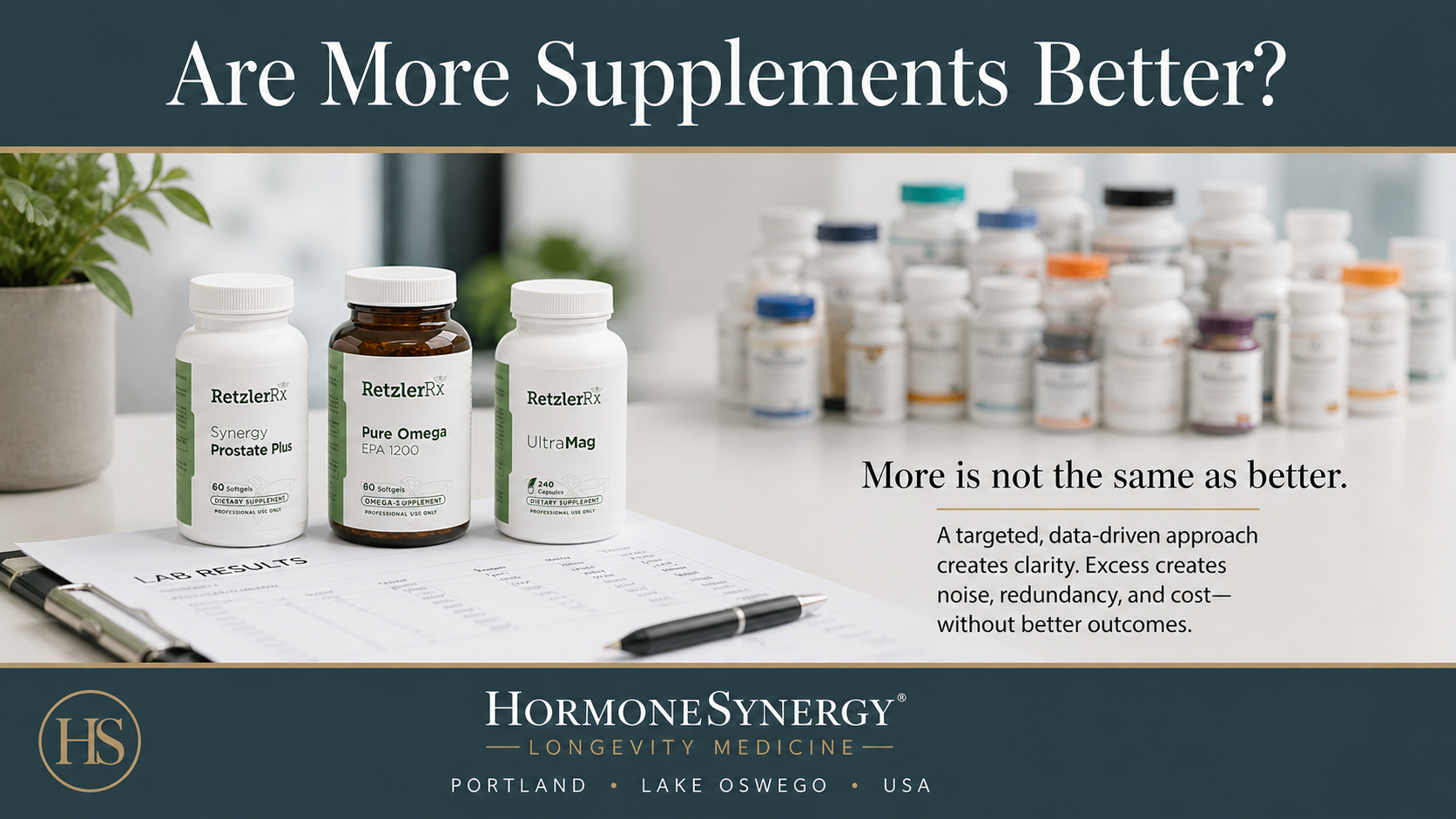 Clinical visualization showing simplified supplement strategy versus excessive supplement stacking in longevity medicine