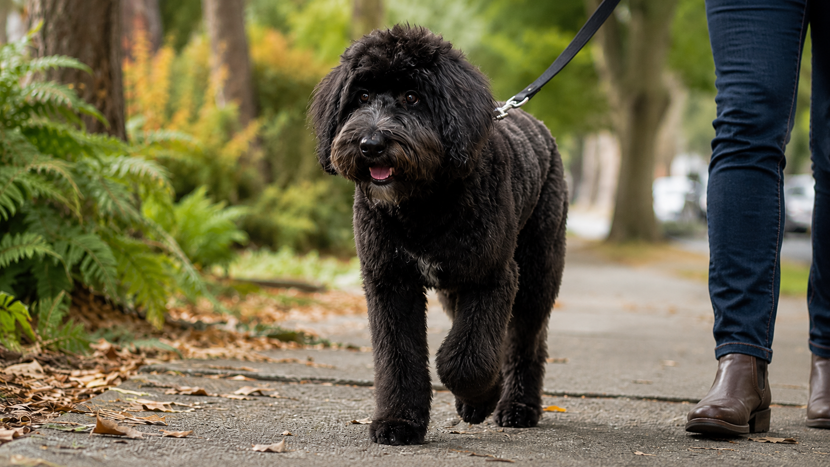 Aria, a fluffy black Shepherd-Doodle with a white beard and chest patch, walks on a leash along a leafy neighborhood sidewalk.
