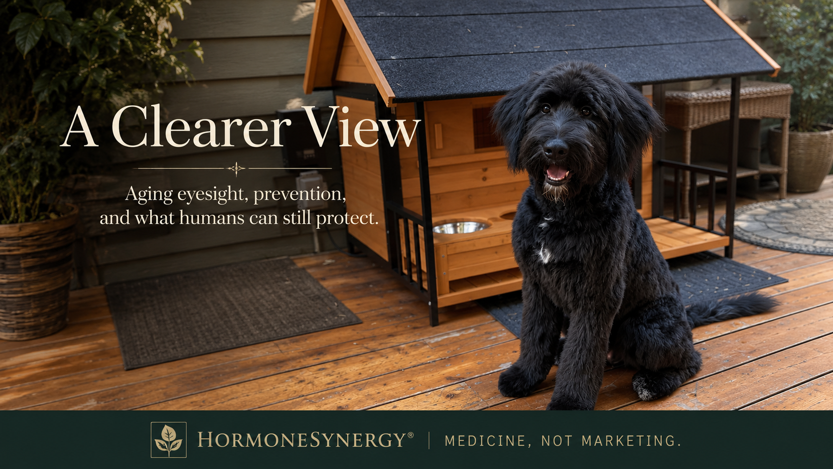 Aria, a freshly groomed black Shepadoodle puppy, looking through a glass door with her eyes clearly visible in a HormoneSynergy editorial image about aging eyesight and healthy vision.