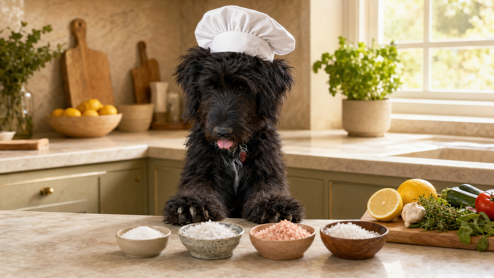 Aria the black shepherd-doodle puppy wearing a white chef hat in a sunlit kitchen, centered behind bowls of different salts and fresh ingredients for a HormoneSynergy article about salt and wellness marketing.