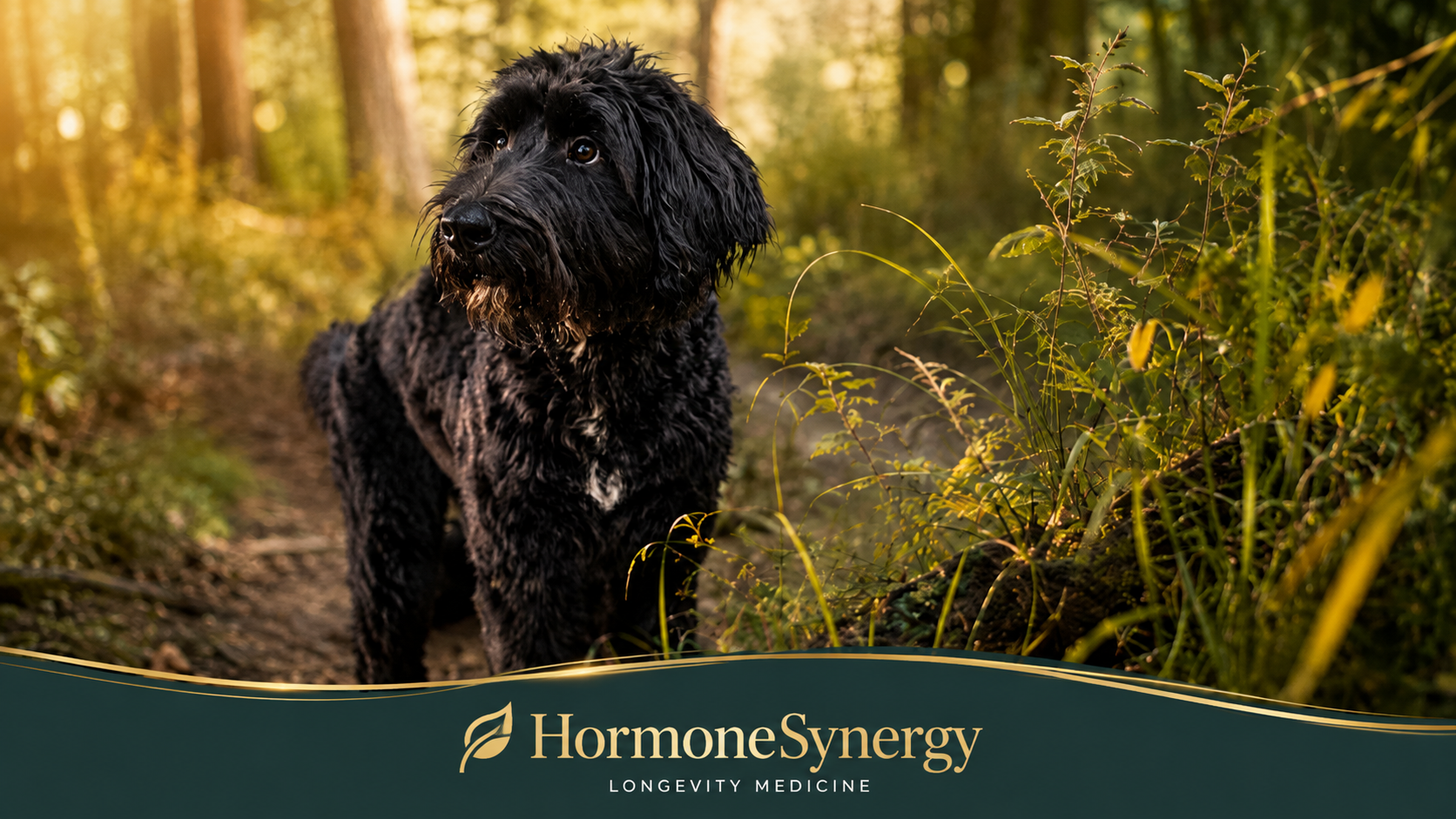 Aria, a young black Shepherd–Poodle mix, leading Dr. Retzler and Daniel along a wooded trail in an editorial image about canine and human longevity medicine.