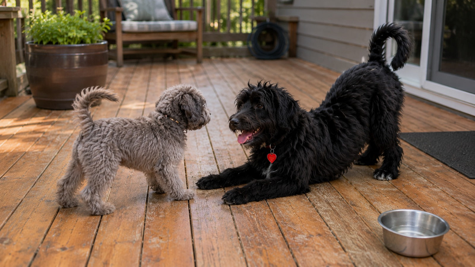 Aria, a black Shepherd-Doodle puppy, learning about friendship, social connection, training and healthy boundaries with other dogs.
