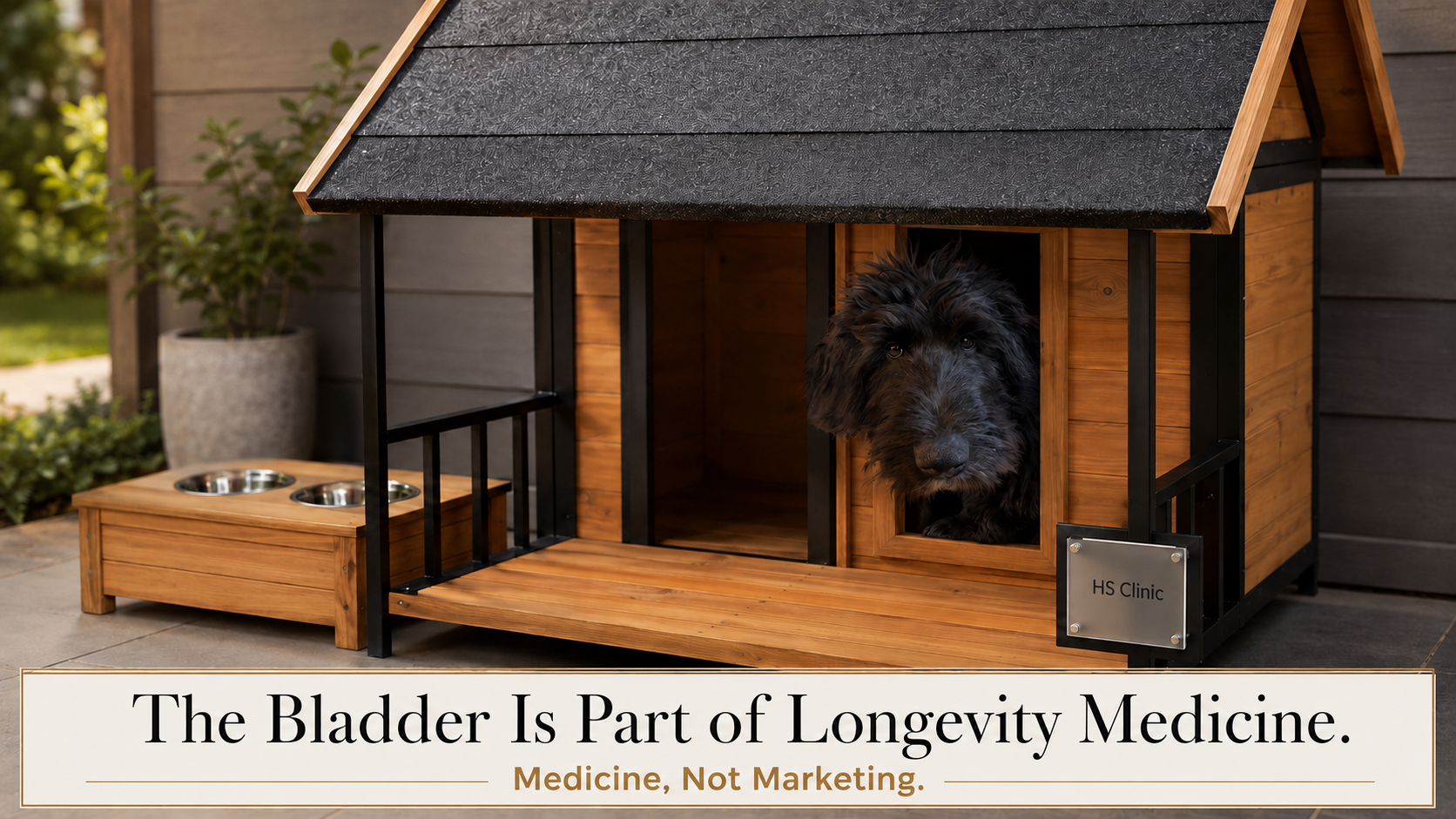Aria, a black Shepadoodle puppy, peeks out from a cedar dog house in a realistic HormoneSynergy® editorial image about urinary incontinence, aging, menopause, prostate health, and longevity medicine.