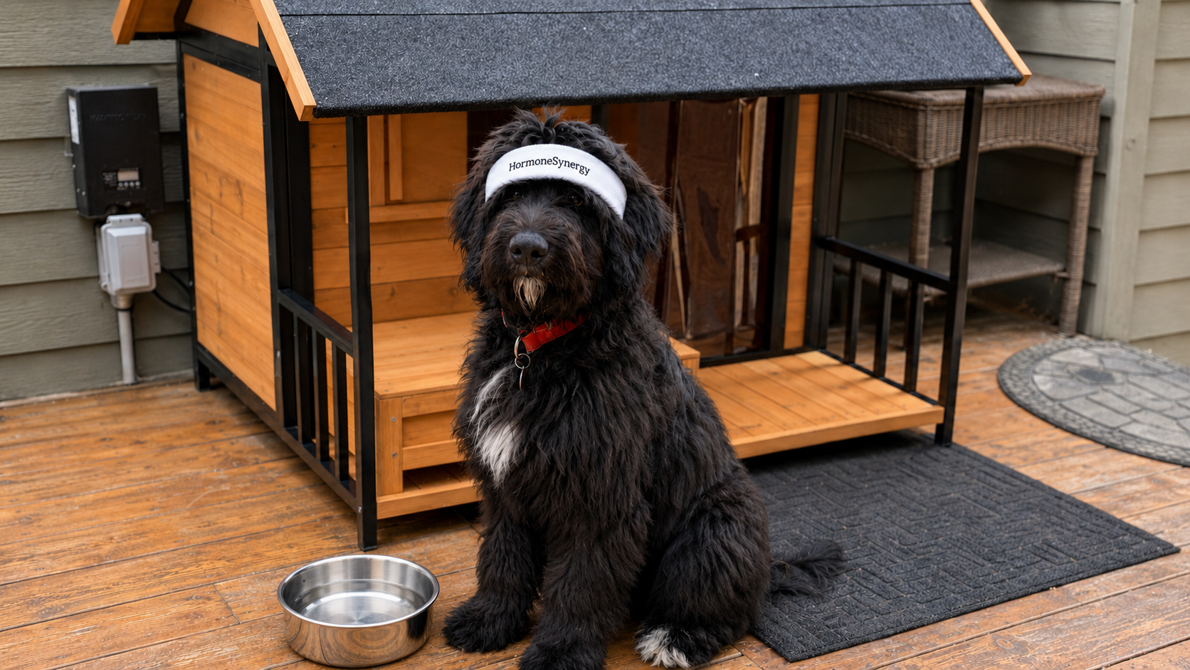 Aria the shepherd doodle sitting beside a water bowl with electrolyte packets nearby for a HormoneSynergy article on when electrolytes are actually needed.