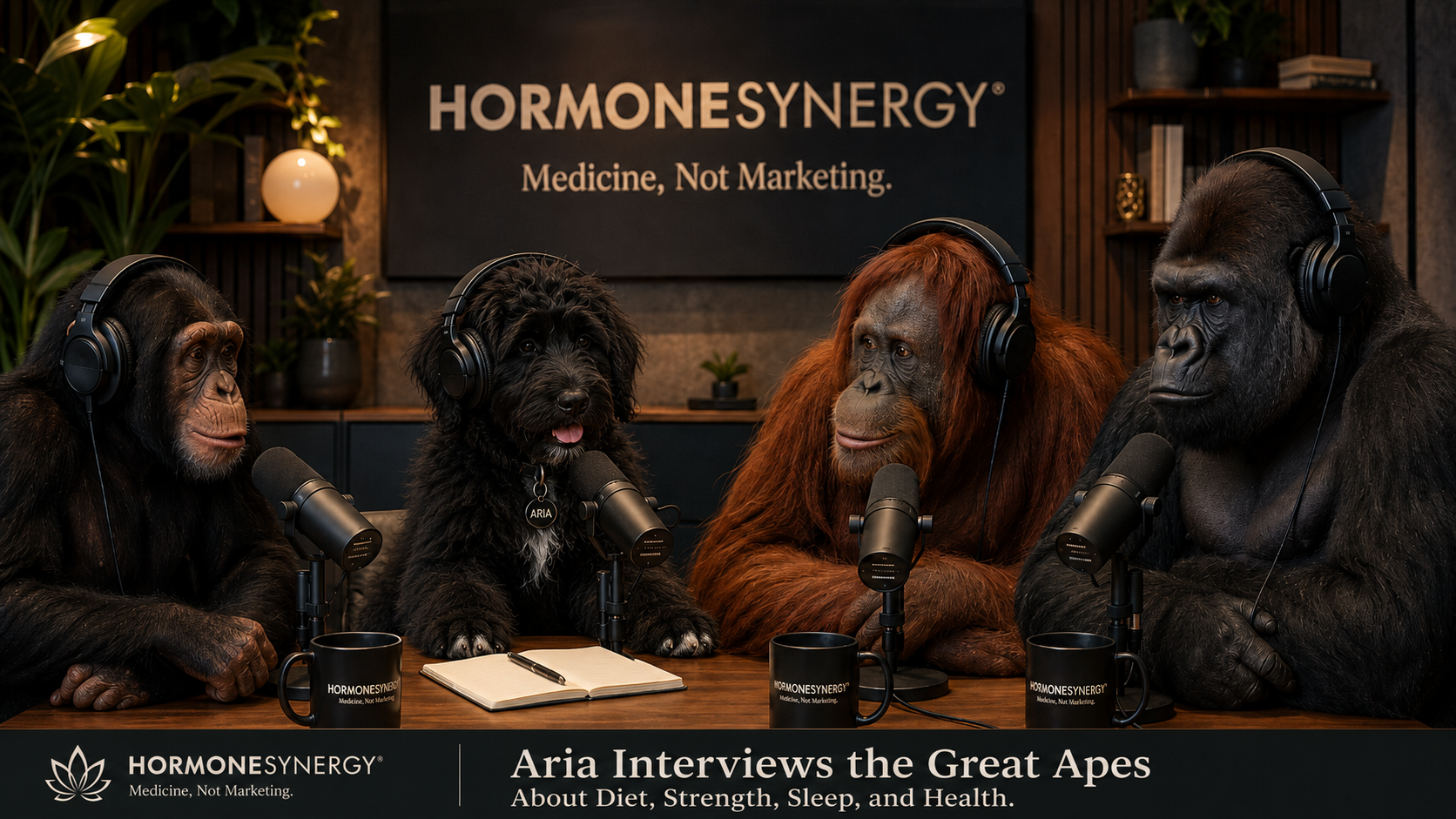 Aria the Shepadoodle hosting a podcast-style roundtable with a chimpanzee, orangutan, and gorilla wearing headphones and speaking into microphones, representing a HormoneSynergy® editorial about diet, sleep, strength, longevity, and human comparison.