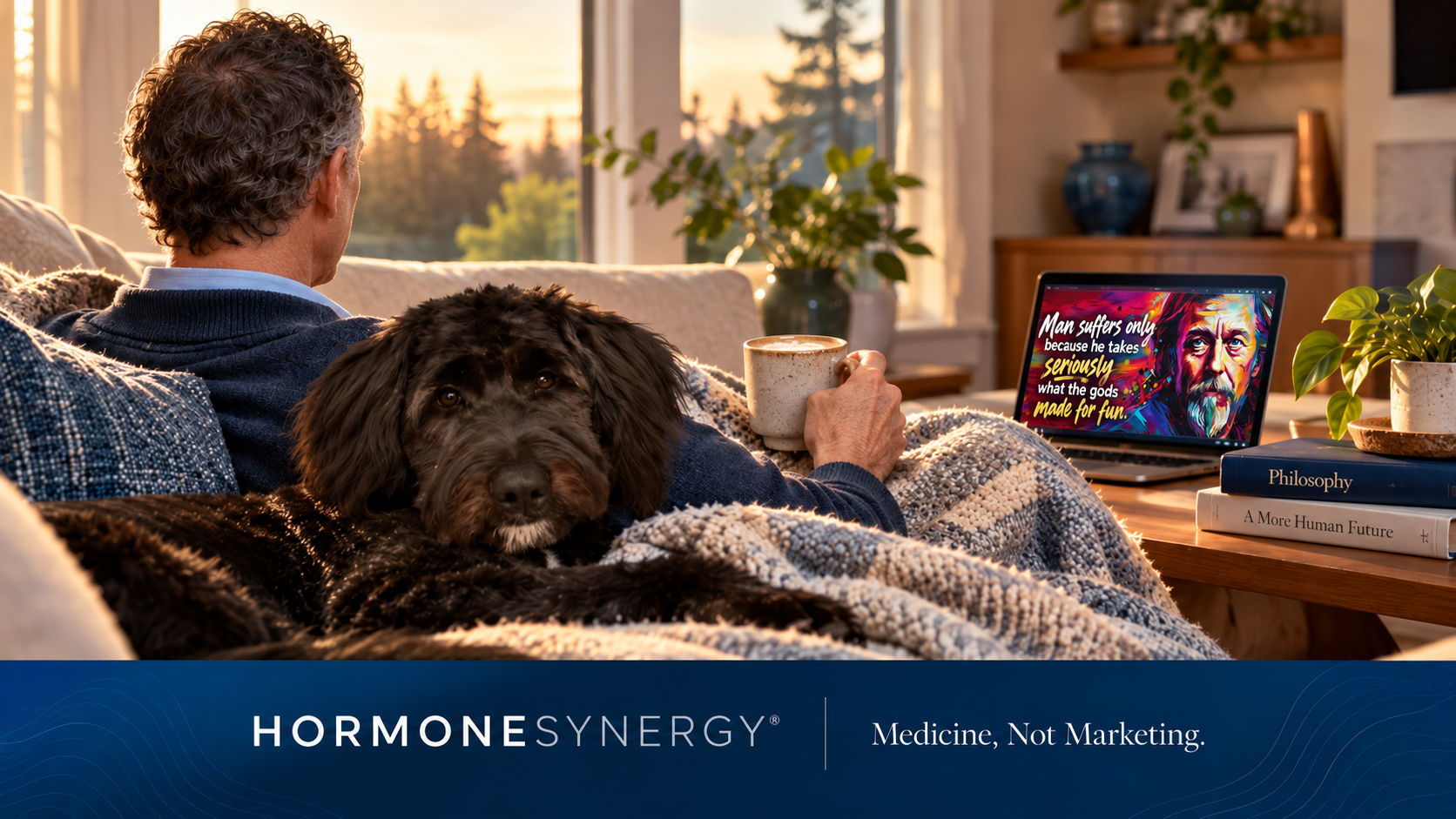 Aria rests near Daniel during an early-morning coffee and philosophy ritual reflecting on Taoism, presence, health and longevity.