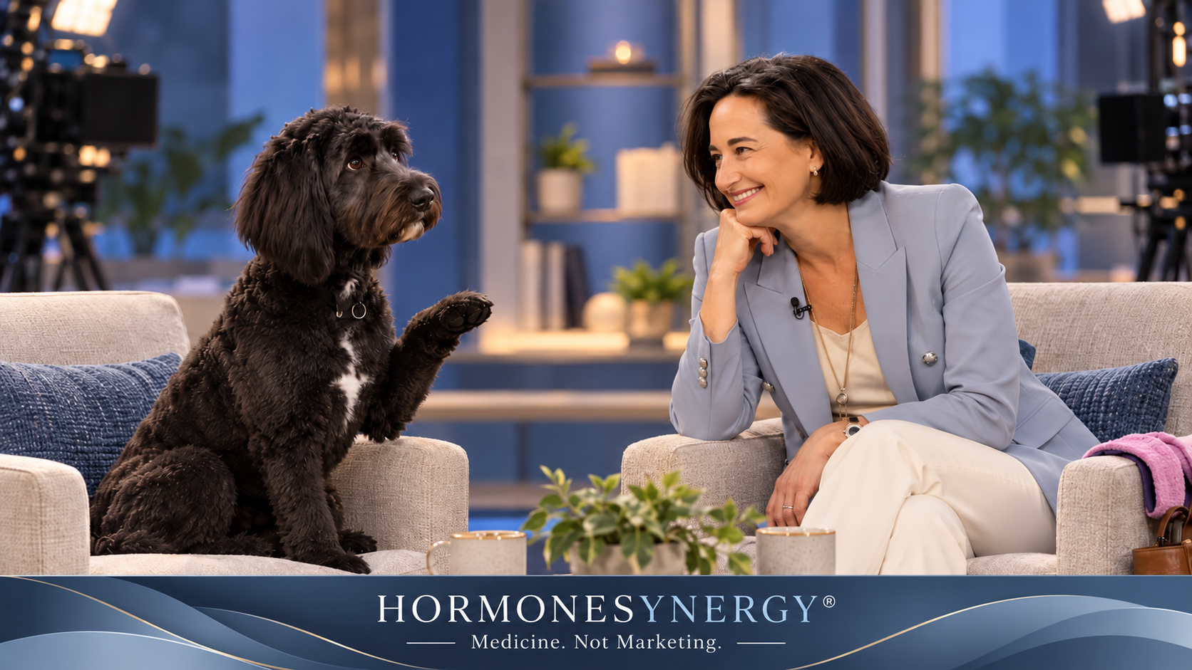 Aria the German Shepoodle interviewing Dr. Kathryn Retzler in a studio about healthy aging, longevity, hormones, cardiovascular health, sleep, and brain health.