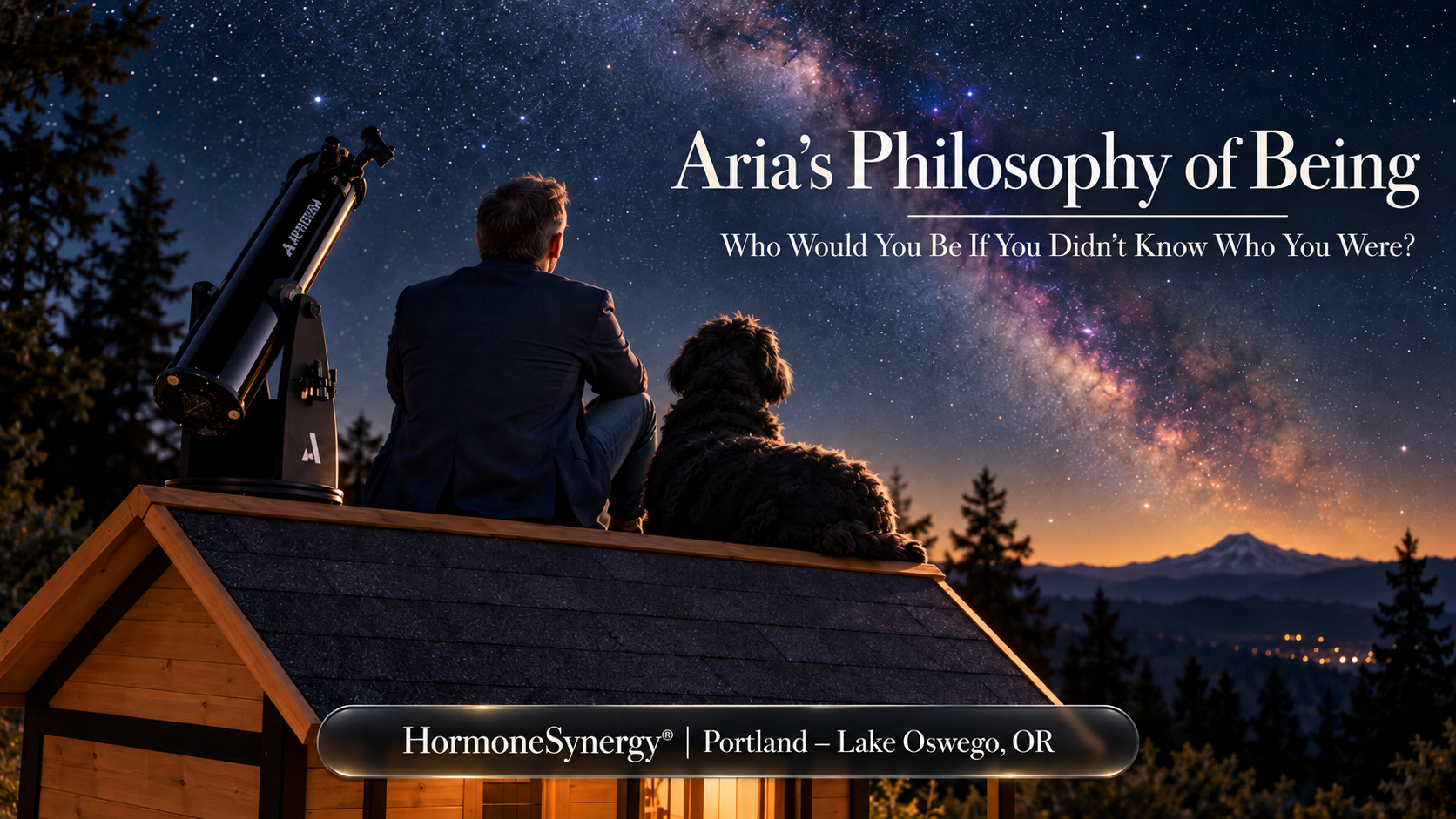 Aria, a black Shepadoodle with a white beard, rests on her doghouse beneath the stars, contemplating identity, aging, and the philosophy of simply being.