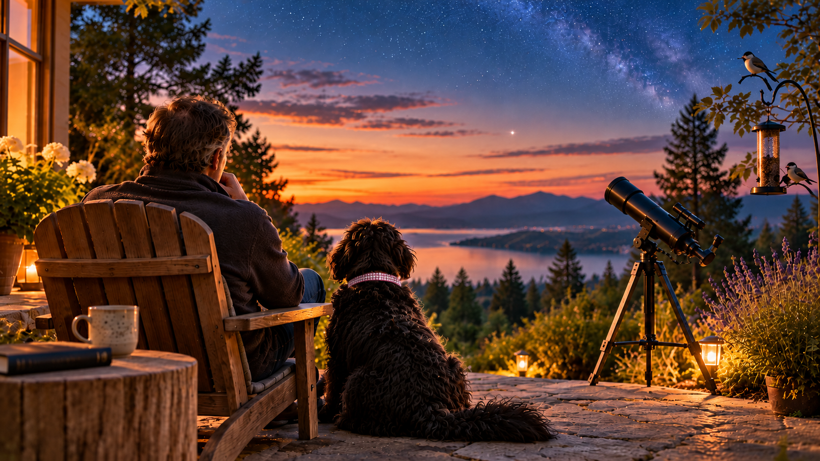 A Shepadoodle sits beside her human in a peaceful backyard at dusk, watching birds and the emerging night sky, reflecting companionship, nature, and the meaning of being alive.