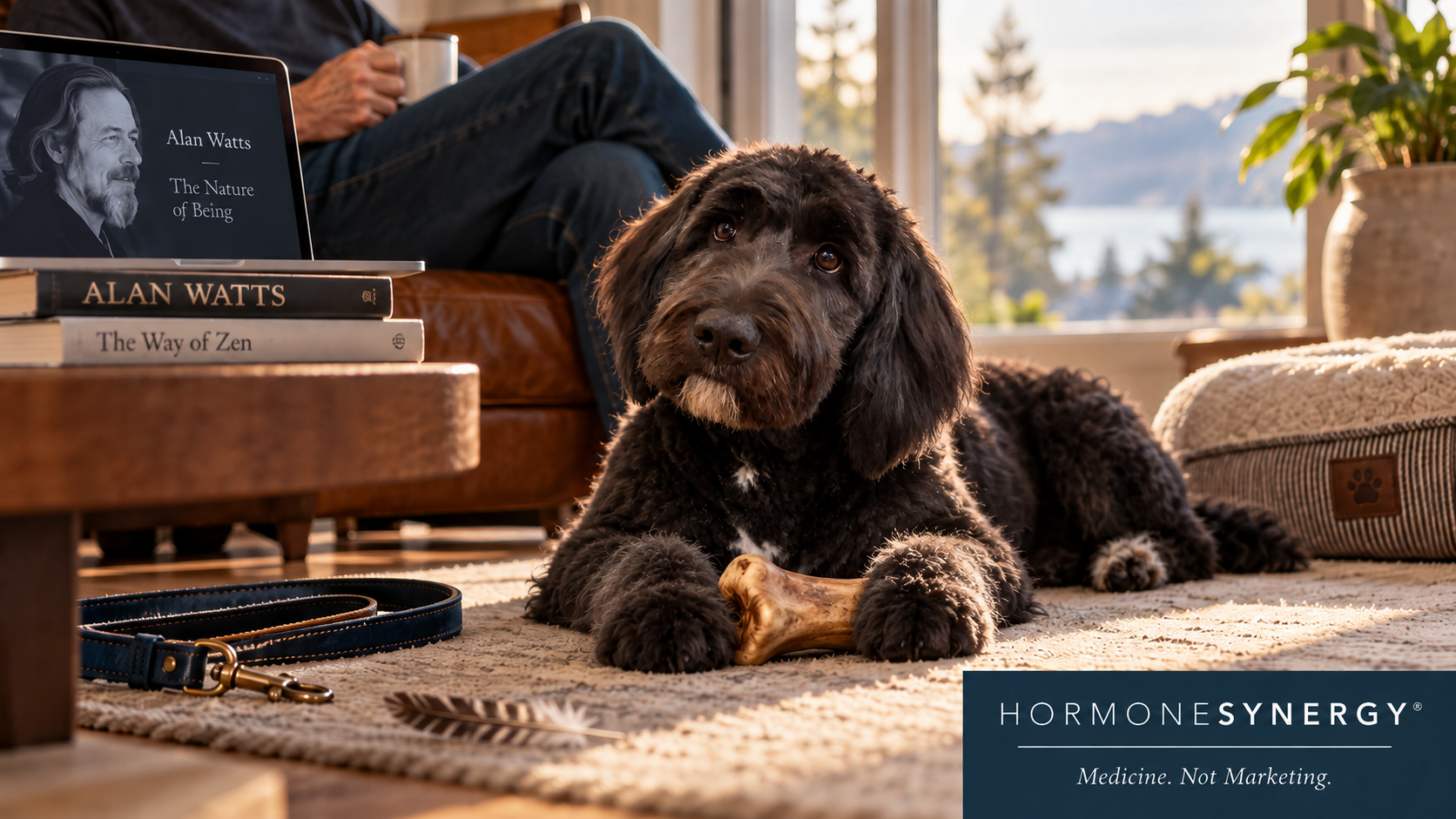 Aria the Shepadoodle resting with a bone during a quiet morning reflection on health, longevity, and Alan Watts.