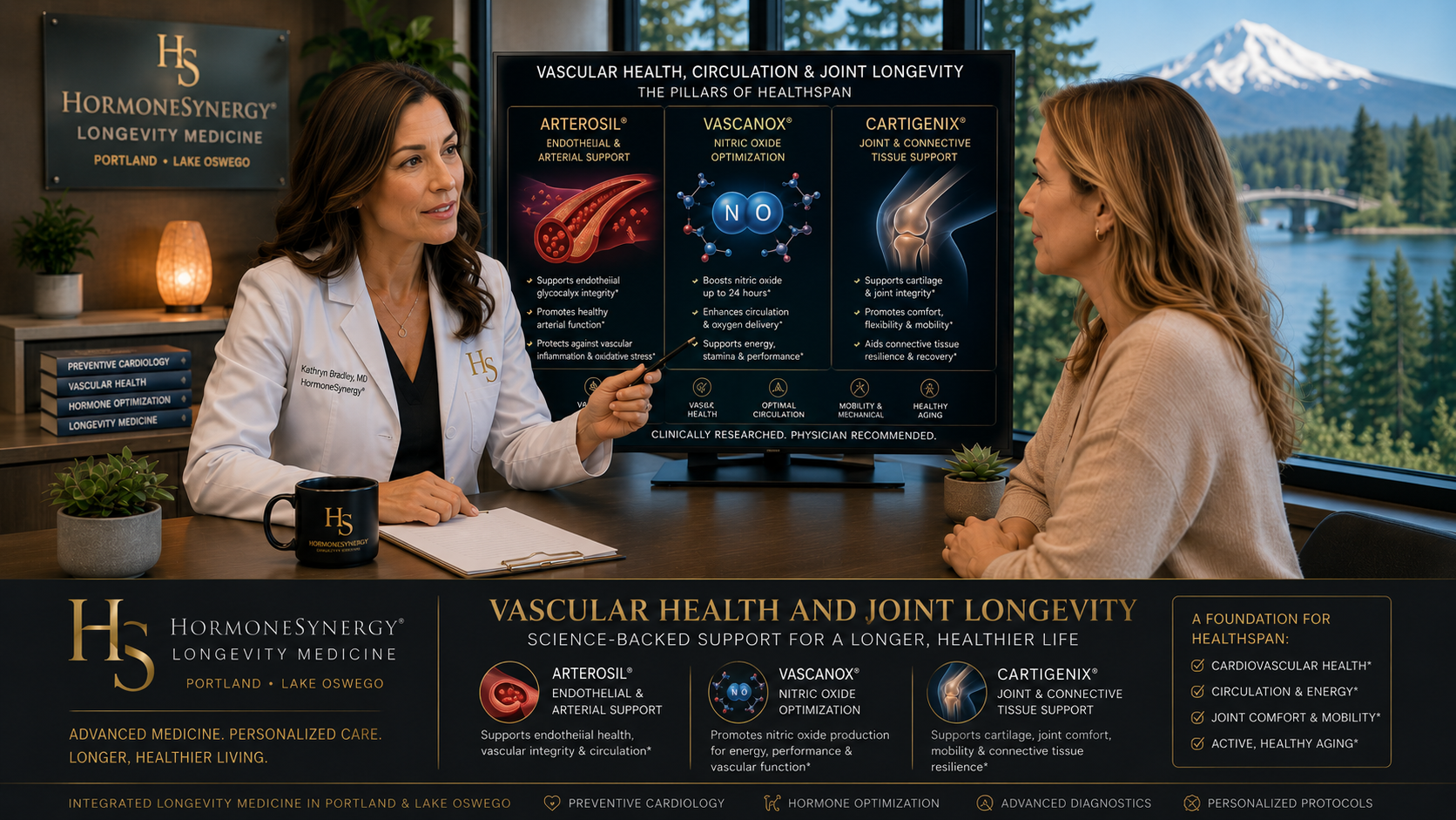 Physician reviewing Arterosil, Vascanox, Cartigenix, vascular health, nitric oxide support, and joint longevity with a patient in a modern Portland and Lake Oswego clinic.