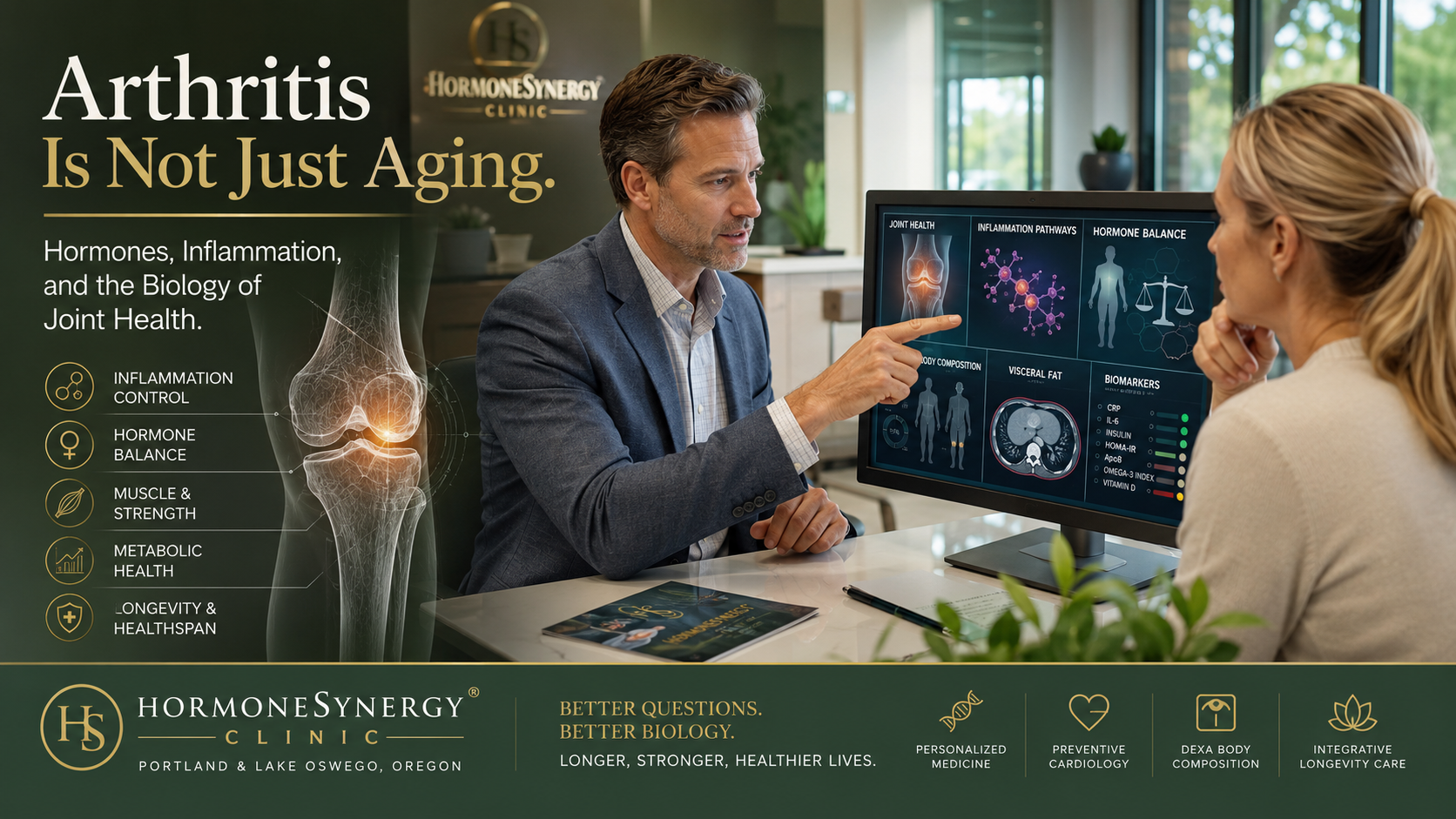 Physician discussing arthritis, inflammation, hormone balance, and longevity medicine with a patient at HormoneSynergy Clinic in Portland and Lake Oswego, Oregon.