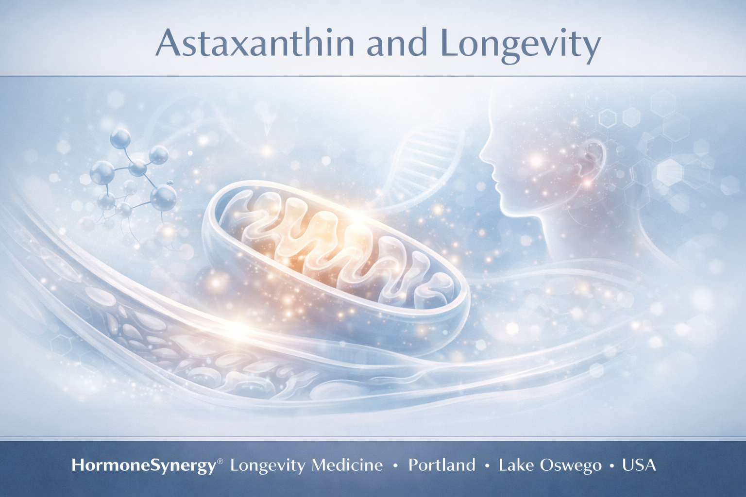 Astaxanthin and Longevity clinical editorial banner showing mitochondrial, oxidative, skin, and vascular health themes in HormoneSynergy