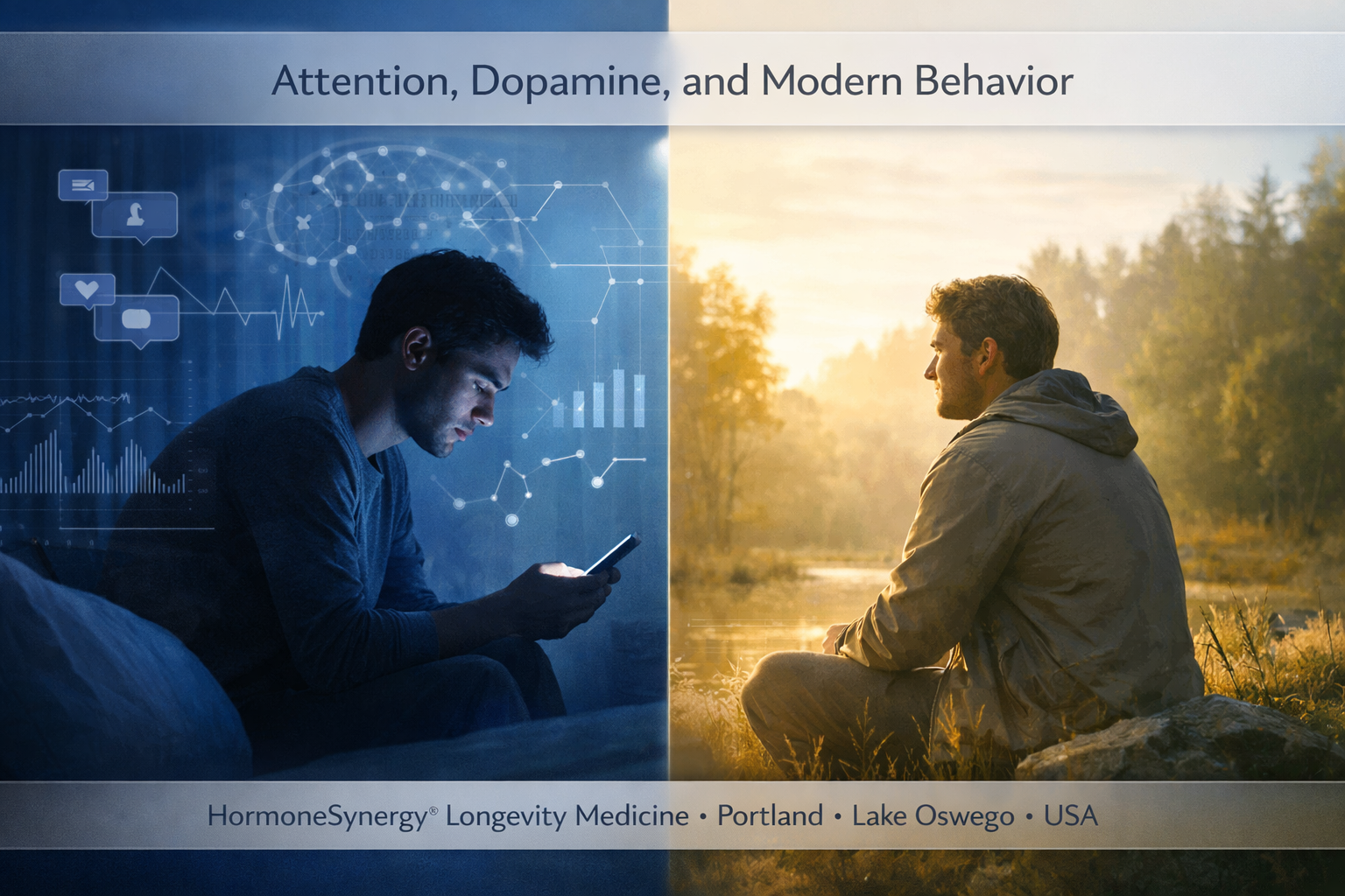 Attention dopamine and modern behavior hero image showing digital overstimulation contrasted with calm real-world restoration in nature for HormoneSynergy Longevity Medicine