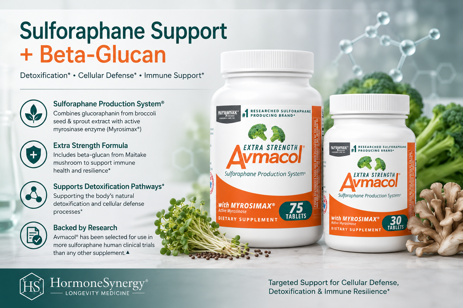 Avmacol sulforaphane support with beta-glucan for cellular defense and detoxification pathways in longevity medicine.