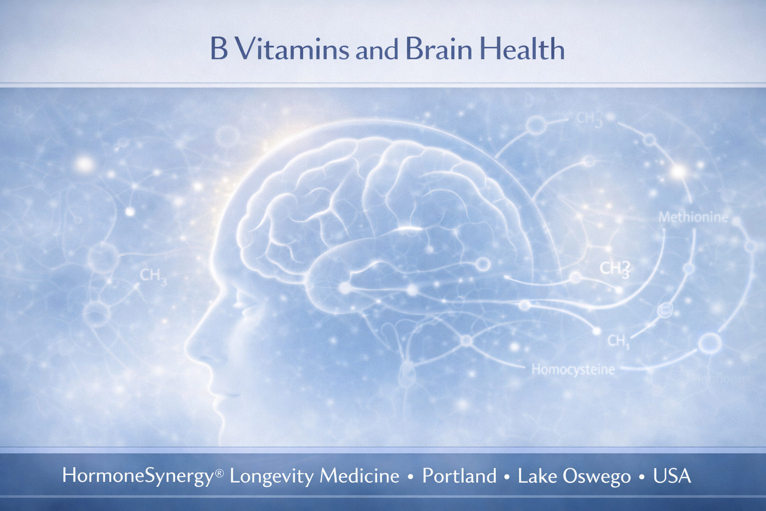 B vitamins and brain health clinical illustration showing methylation pathways, homocysteine regulation, and cognitive function