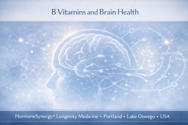 B vitamins and brain health clinical illustration showing methylation pathways, homocysteine regulation, and cognitive function