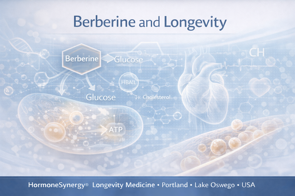 Berberine and longevity clinical illustration showing glucose metabolism, cardiometabolic support, and metabolic resilience