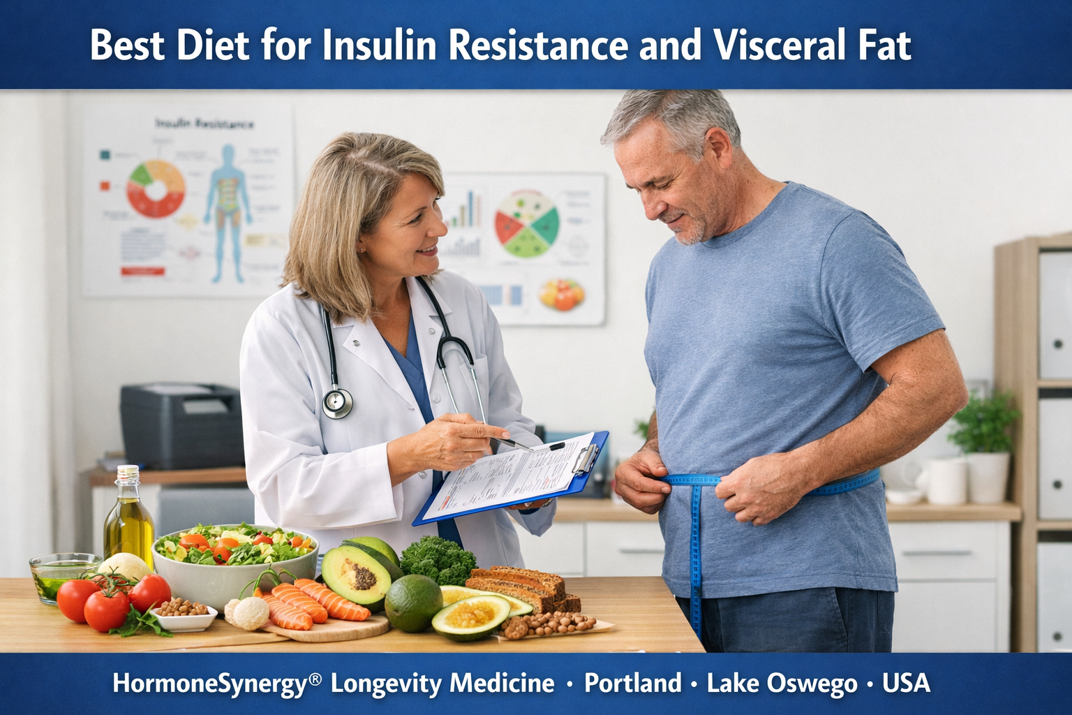 Waist circumference measurement and healthy whole foods representing the best diet strategies for insulin resistance and visceral fat in longevity medicine at HormoneSynergy® Portland Lake Oswego.
