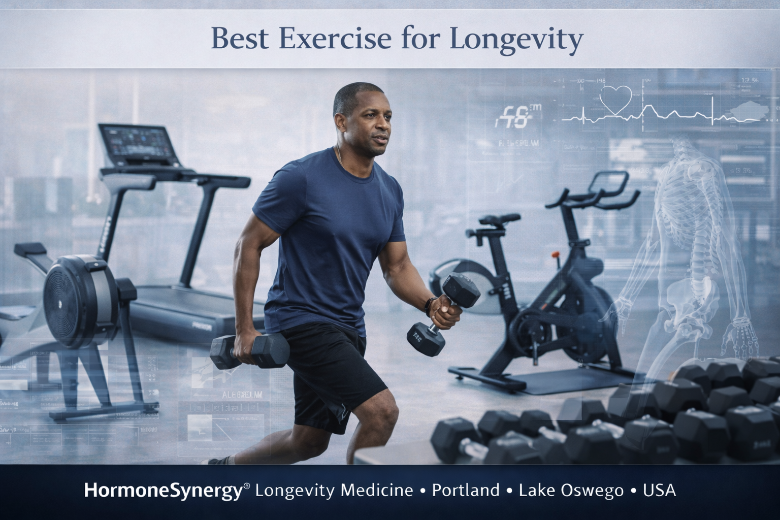 Modern longevity-focused fitness environment showing treadmill, bike, rower, and strength equipment with subtle heart rate, muscle, and recovery cues representing exercise, metabolic health, and healthy aging.