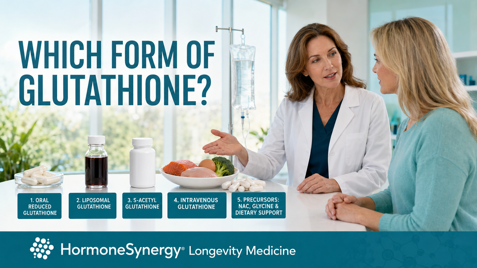 Clinician explains oral, liposomal, S-acetyl and IV glutathione alongside NAC and glycine precursor support.