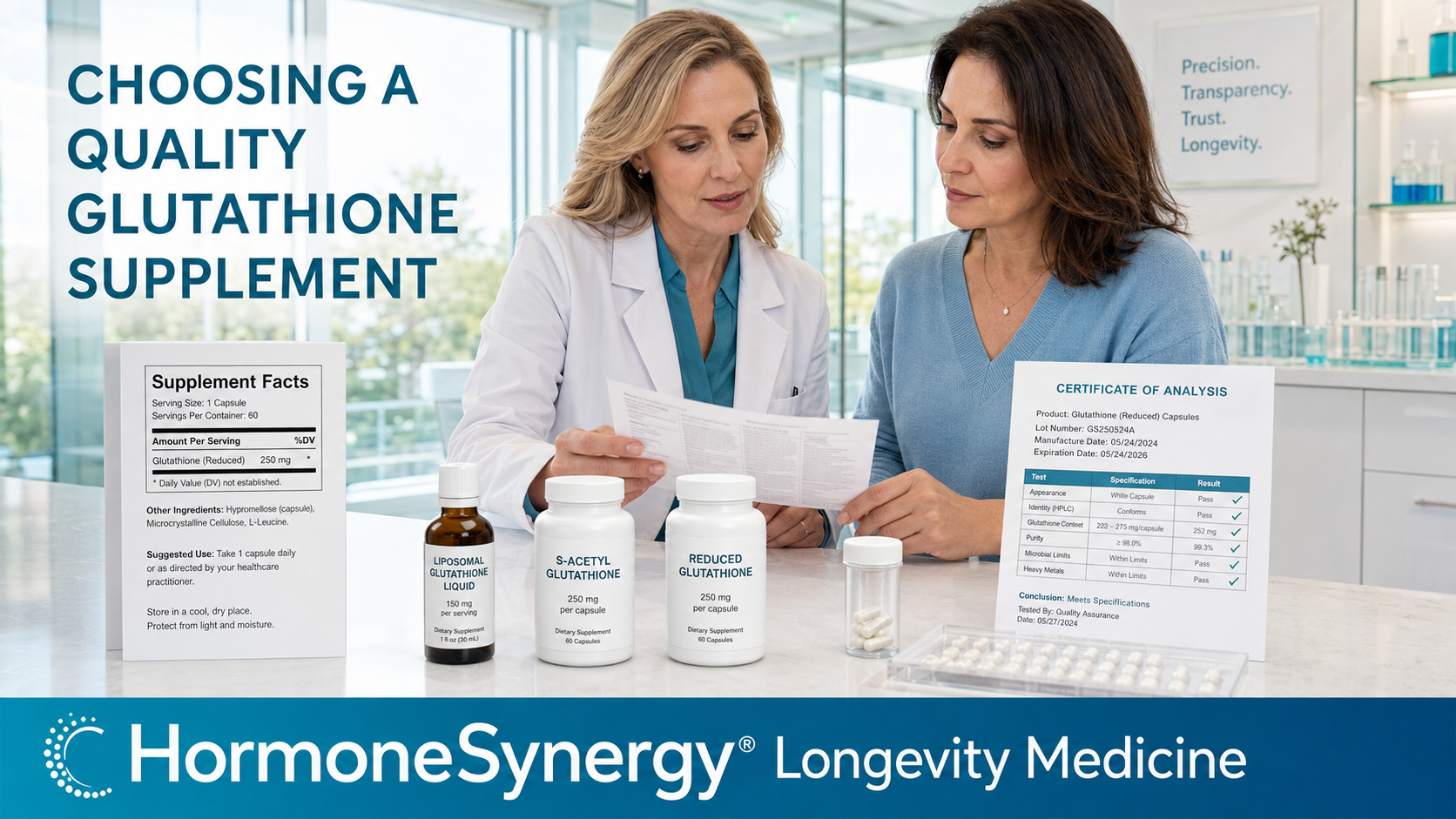 Clinician evaluates glutathione formulation, dosage, stability, certificate of analysis and manufacturer testing with a patient.