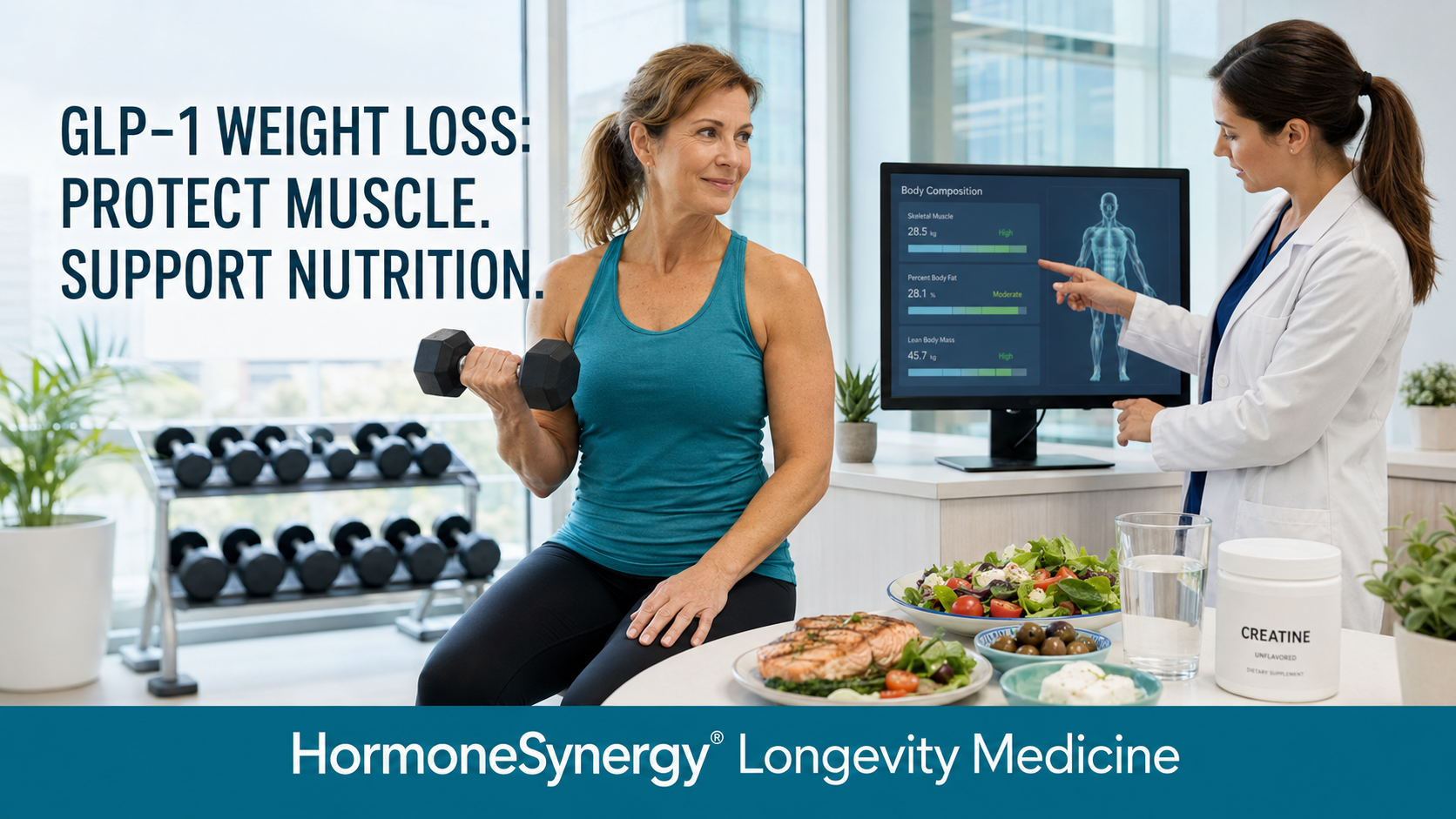 Woman resistance training during medically supervised GLP-1 weight loss with protein, creatine and body-composition monitoring.