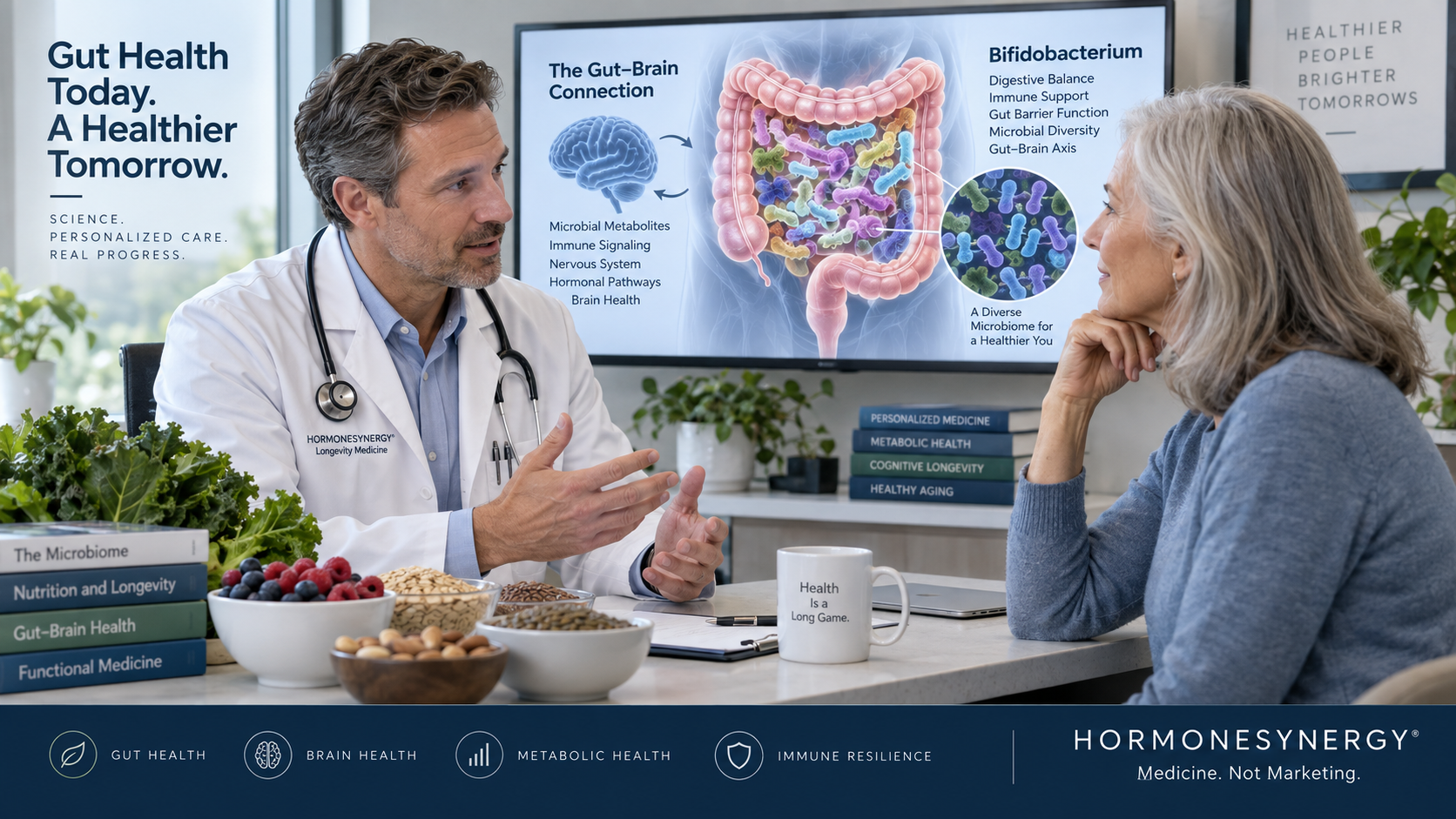 Physician discussing Bifidobacterium, probiotic strains, gut microbiome health, and the gut-brain axis with an older adult patient.