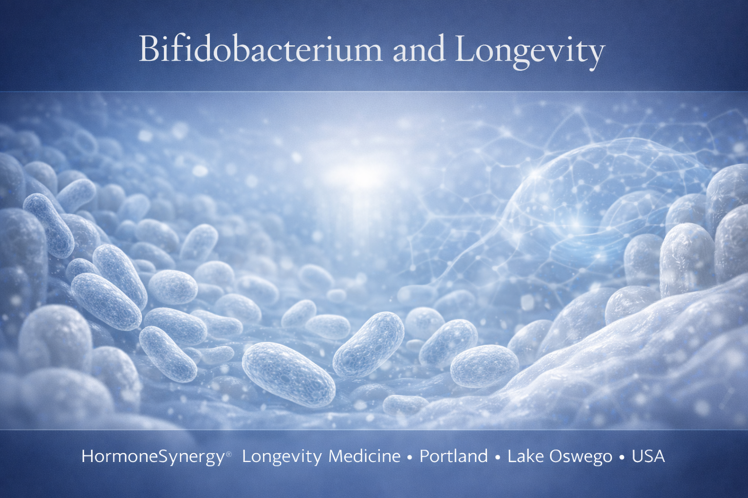 Clinical editorial banner showing bifidobacterium and the gut-brain microbiome connection in HormoneSynergy®
