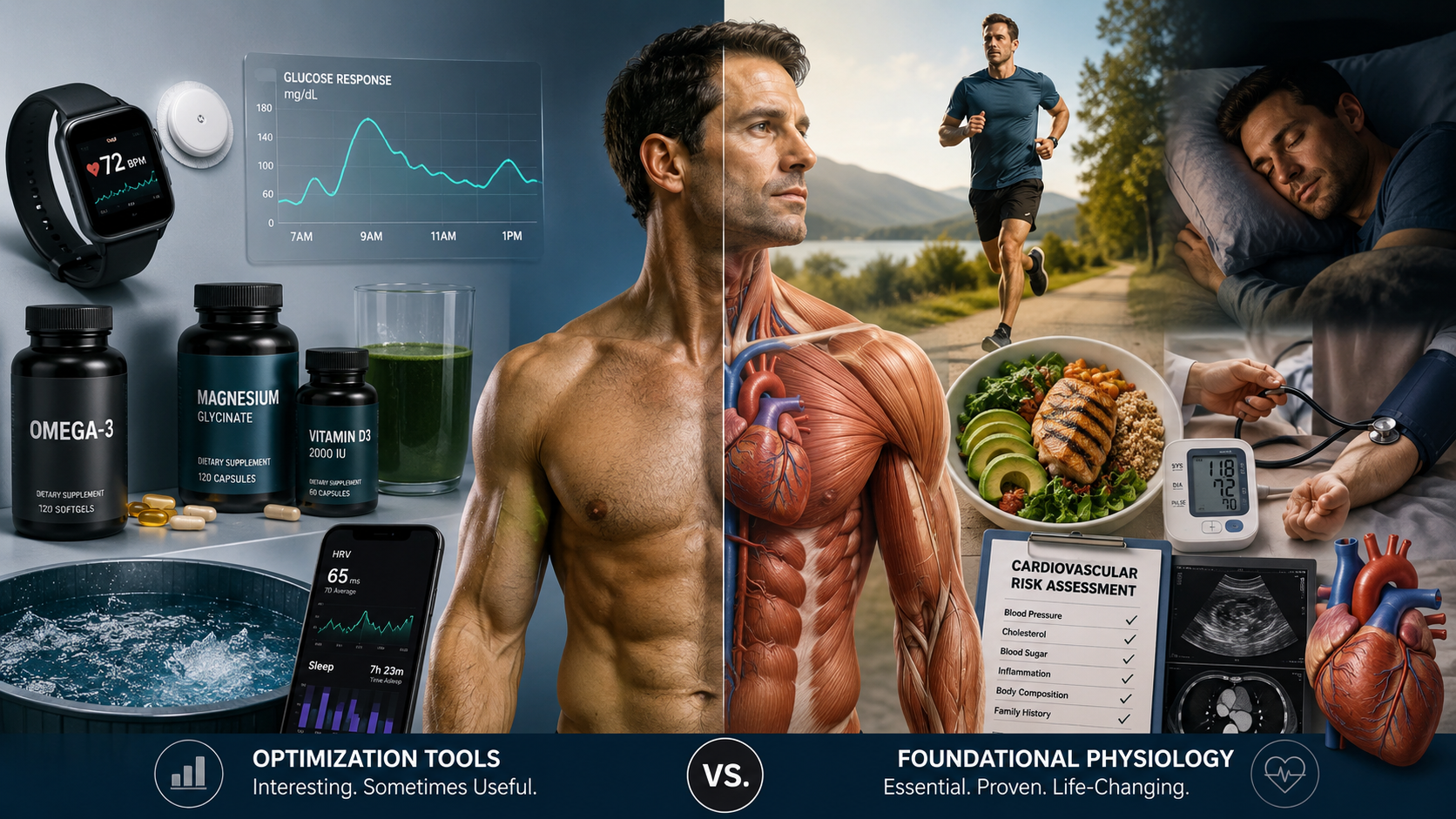 Biohacking tools contrasted with foundational longevity physiology including muscle, cardiovascular fitness, metabolic health, sleep and preventive risk assessment.