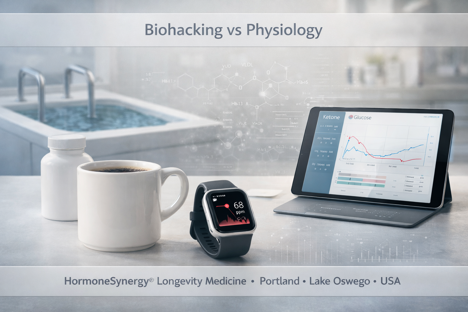 Clinical editorial banner illustrating biohacking tools and physiology-based longevity medicine in a modern medical setting