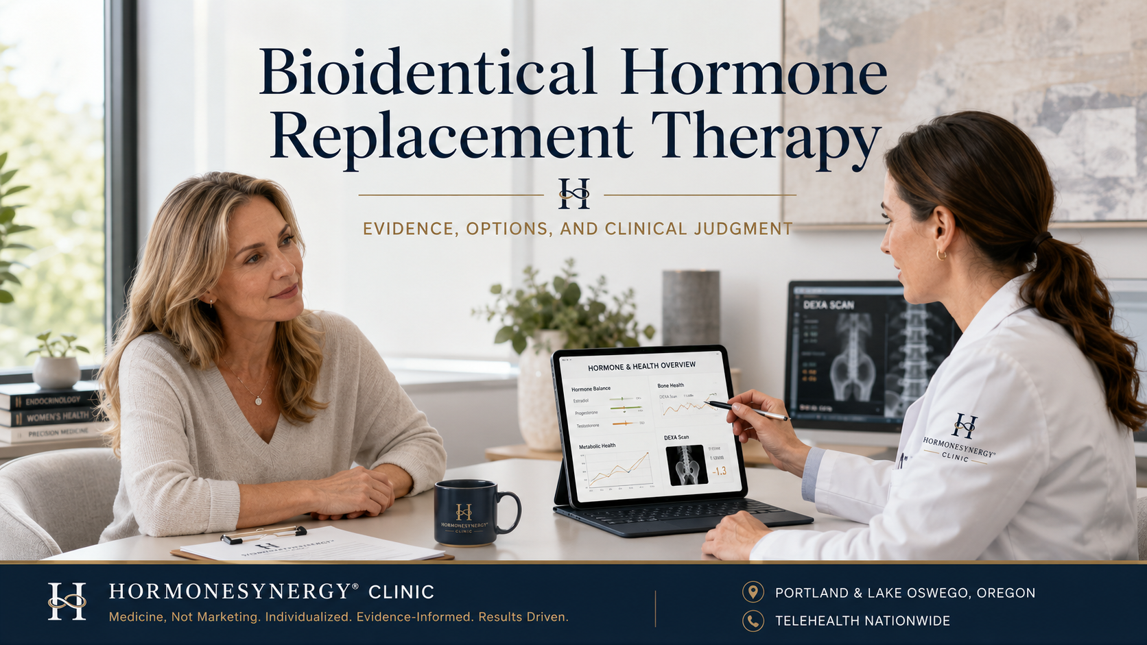 HormoneSynergy® editorial hero image showing a midlife woman meeting with a physician in a modern clinic to review bioidentical hormone replacement therapy options, with article title at the top and HormoneSynergy® brand banner at the bottom.