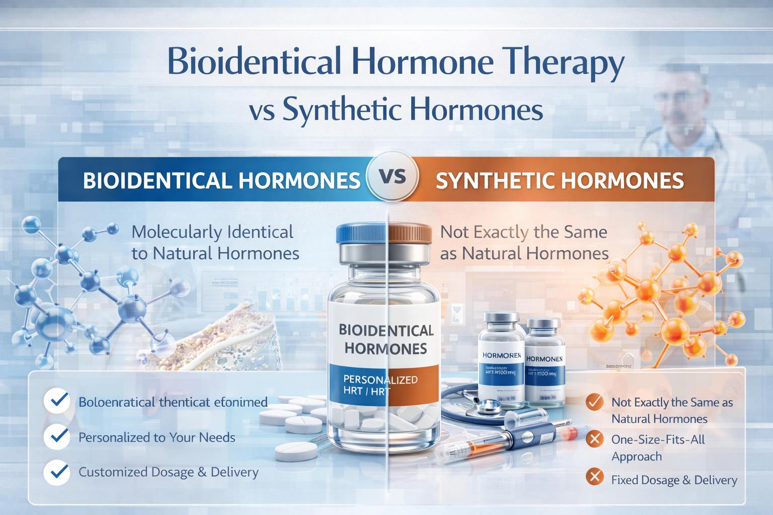 Bioidentical hormone therapy versus synthetic hormones hero image showing hormone treatment comparison
