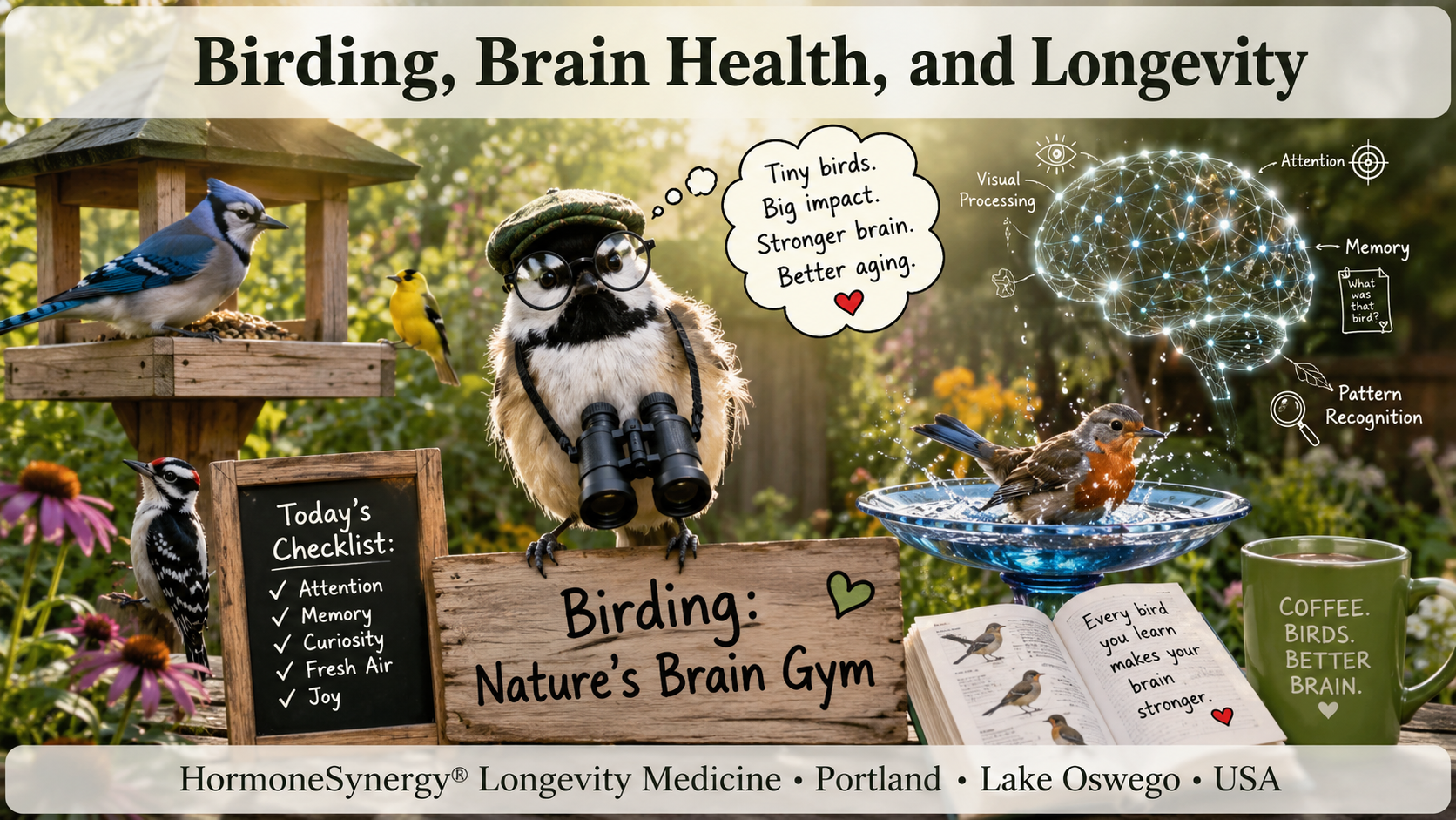 Backyard bird habitat with birds, native plants, and a subtle brain-network overlay representing birding, attention, memory, and cognitive longevity.