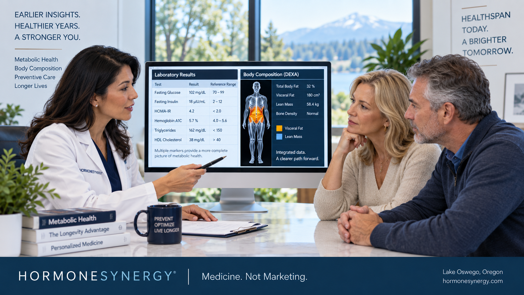 Physician reviewing fasting insulin, HOMA-IR, glucose, A1C, triglycerides and body composition when evaluating insulin resistance.
