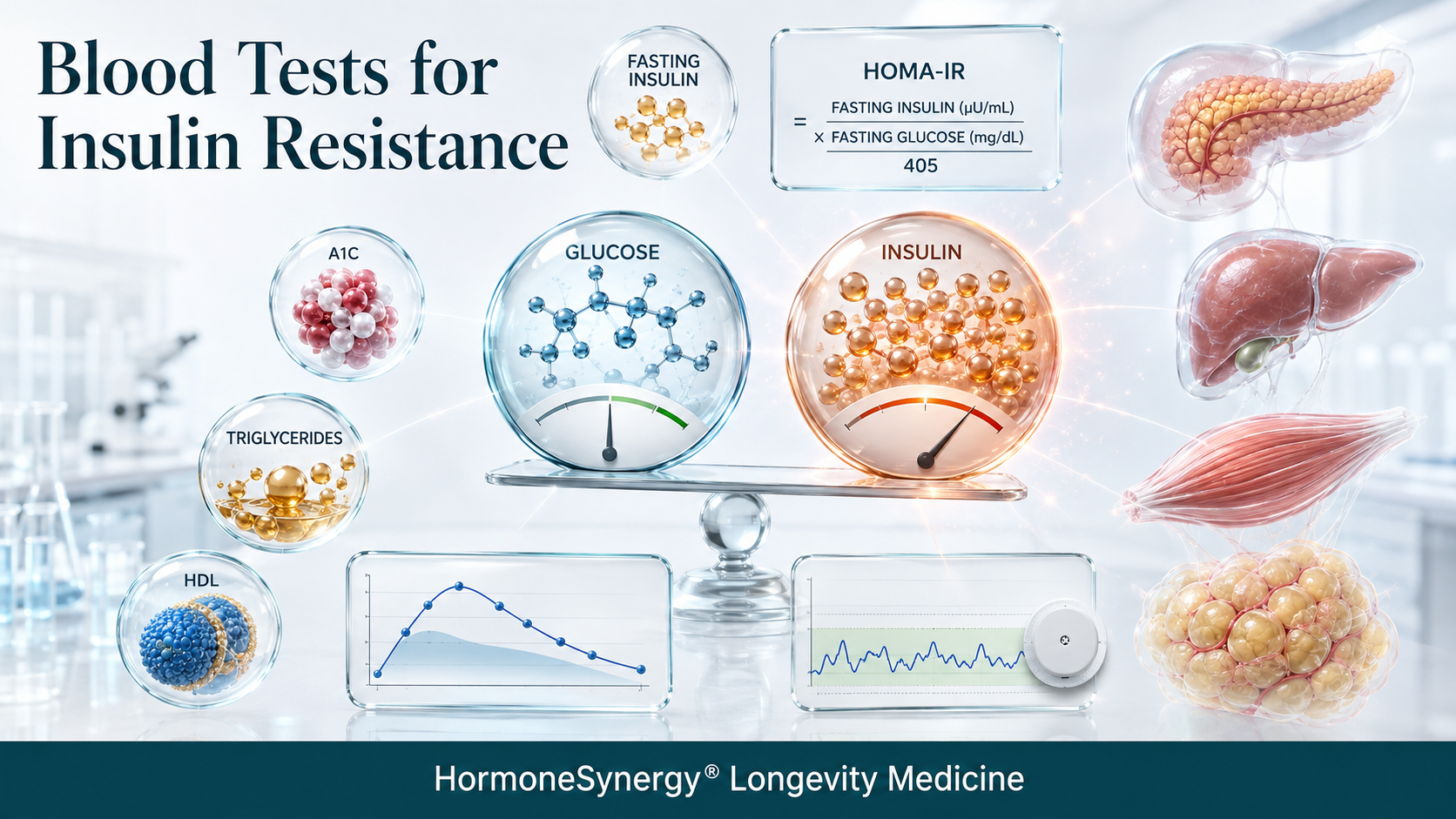 Blood tests for insulin resistance showing normal glucose alongside elevated insulin, HOMA-IR, A1C, triglycerides, HDL, glucose-tolerance testing, and metabolic tissues.