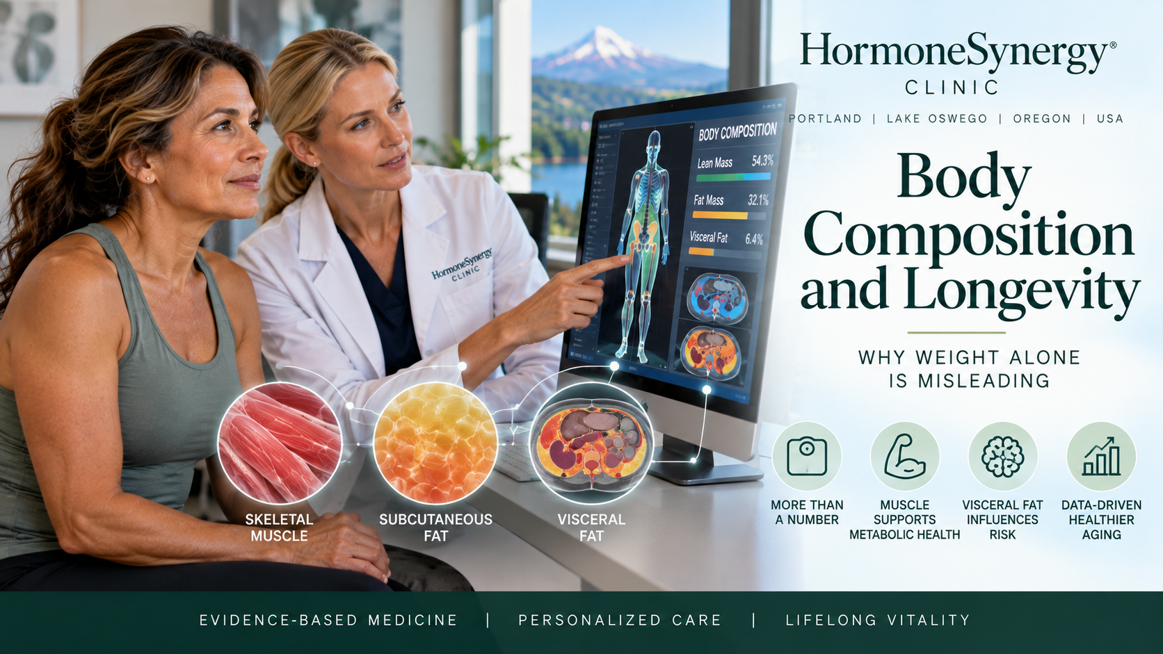 Woman in her 50s reviewing DEXA body composition results with a clinician at HormoneSynergy® Clinic, illustrating skeletal muscle, subcutaneous fat, visceral fat, and their roles in metabolic health and healthy aging.