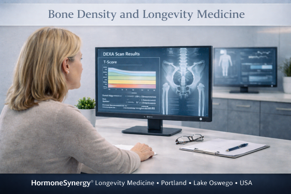 Female physician reviewing a DEXA bone density scan with a patient in a clinical longevity medicine setting with subtle skeletal and metabolic health visuals.