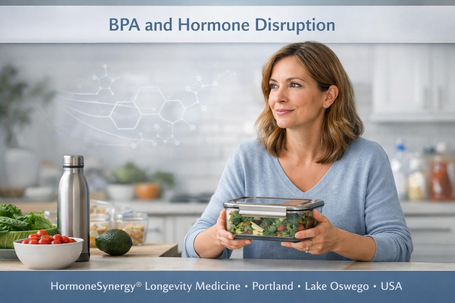 Clinical editorial banner for BPA and hormone disruption showing a calm home food-storage scene with glass containers and subtle endocrine health imagery in HormoneSynergy®