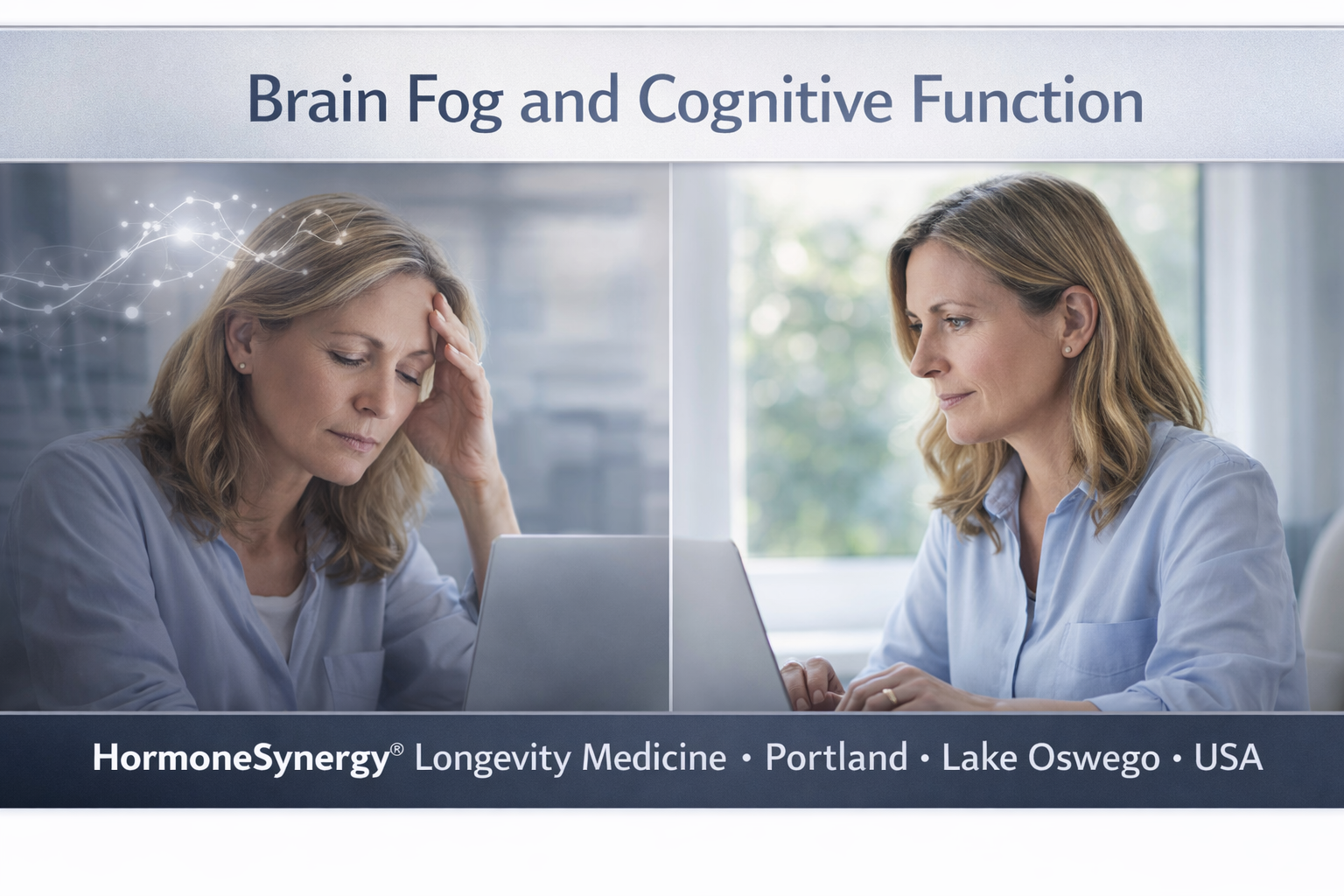 Brain fog cognitive function concept showing contrast between mental fatigue and clarity in calm natural setting HormoneSynergy Portland Oregon USA