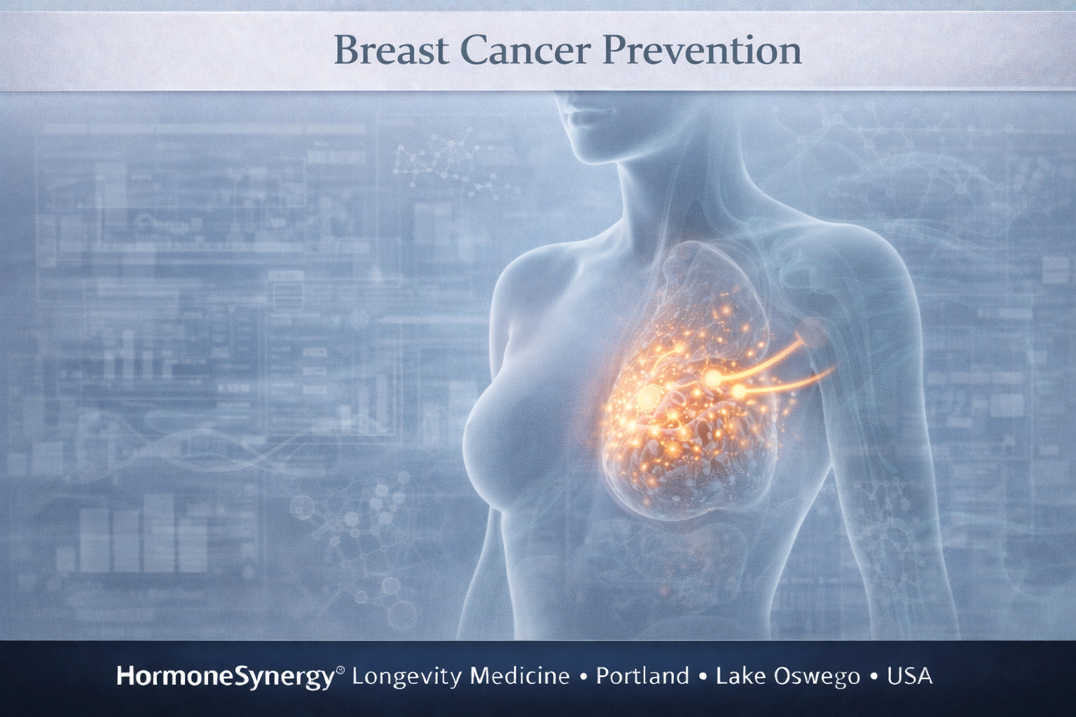 Abstract clinical visualization of female breast tissue with metabolic and hormonal signaling cues representing breast cancer prevention and longevity medicine.