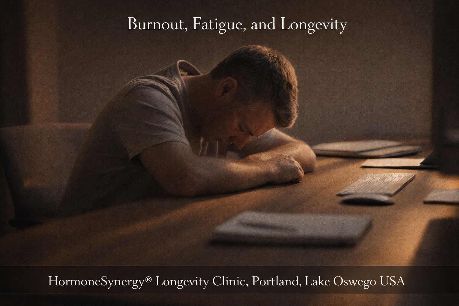 Late-day fatigue and burnout represented by low energy posture in a minimal workspace with warm fading light – HormoneSynergy® Portland Lake Oswego USA