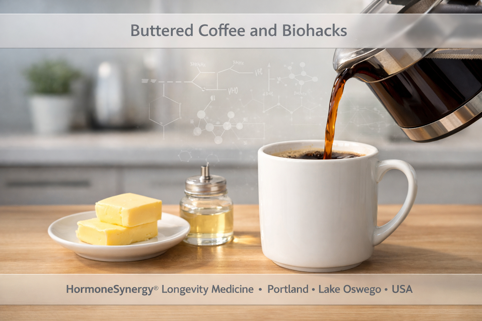 Buttered coffee with butter and MCT oil in a modern kitchen representing biohacks, metabolism, and longevity medicine