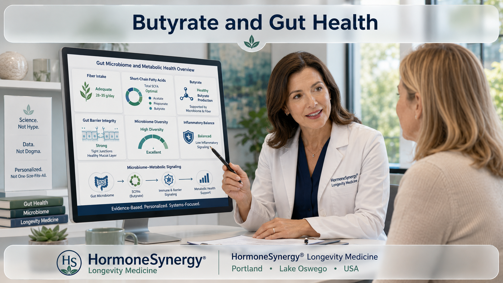 Female physician reviewing butyrate, short-chain fatty acids, fiber intake, gut barrier integrity, microbiome diversity, inflammation, and metabolic health with a patient at HormoneSynergy® Longevity Medicine in Portland and Lake Oswego.