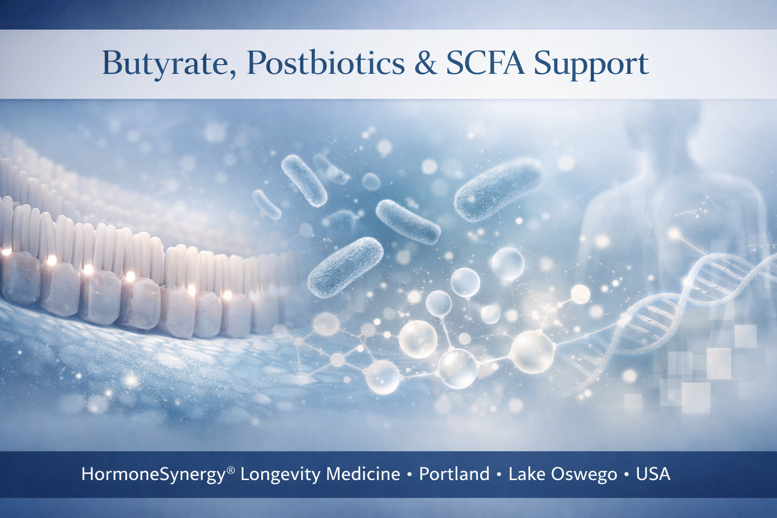 Butyrate, postbiotics, and SCFA support clinical banner showing gut barrier integrity and microbiome-derived metabolite signaling in longevity medicine