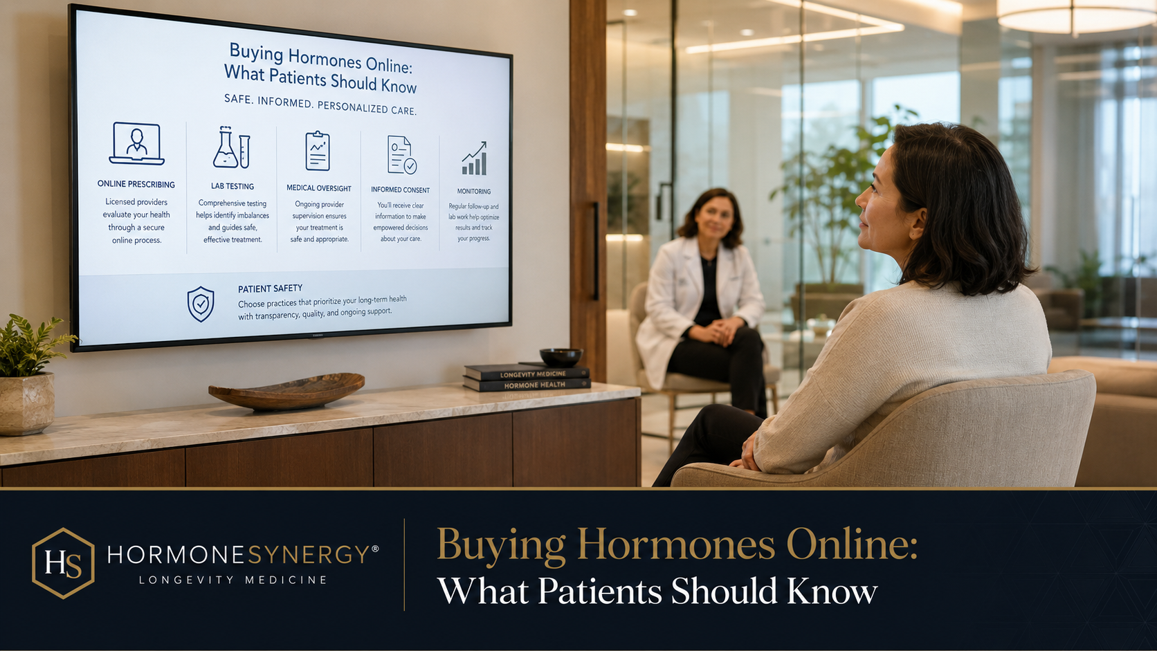 Patient reviewing online bioidentical hormone therapy, testosterone prescribing, lab testing, informed consent, monitoring, and patient safety in a modern Portland and Lake Oswego longevity medicine
