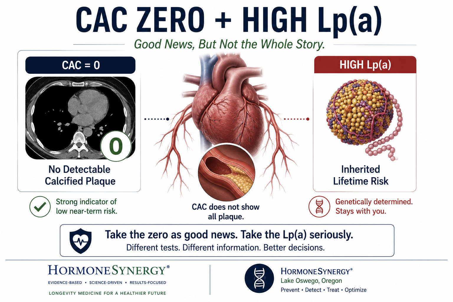 CAC score zero with high Lp(a), showing no detectable calcified coronary plaque but persistent inherited cardiovascular risk and possible noncalcified plaque.