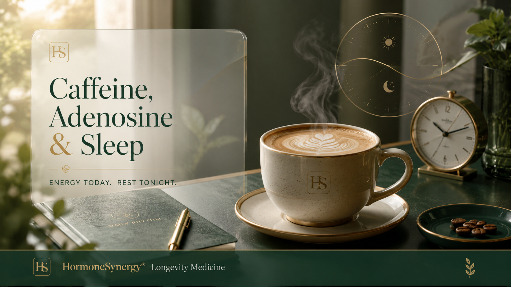 Morning latte with subtle sleep rhythm elements representing caffeine, adenosine, and sleep pressure for HormoneSynergy Longevity Medicine in Portland and Lake Oswego.