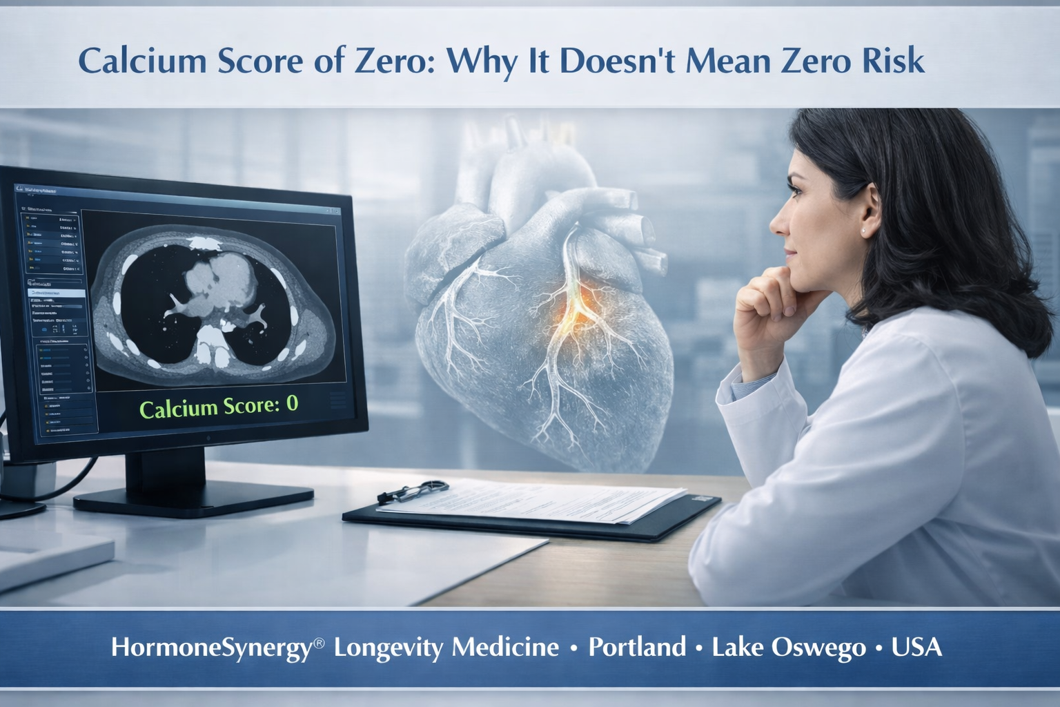 Clinical editorial banner explaining why a coronary calcium score of zero does not always mean zero cardiovascular risk in longevity medicine
