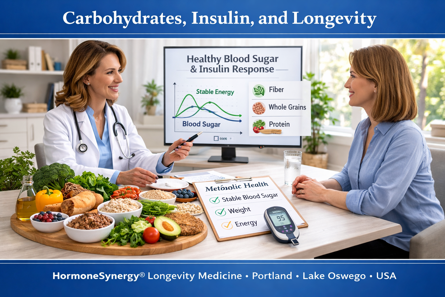 Physician discussing carbohydrate quality, insulin response, and metabolic health with patient in a preventive longevity medicine clinic setting at HormoneSynergy® Longevity Medicine Portland Lake Oswego USA